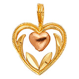14K Two-Tone Gold Heart with Rose-Gold Center Heart and Leaves Pendant