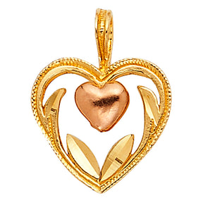 14K Two-Tone Gold Heart with Rose-Gold Center Heart and Leaves Pendant