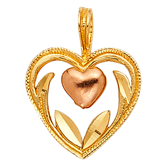 14K Two-Tone Gold Heart with Rose-Gold Center Heart and Leaves Pendant