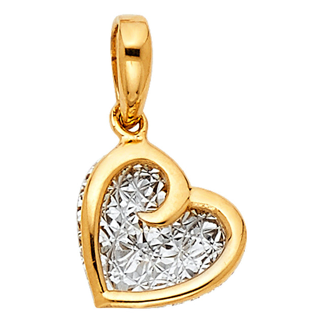 14K Two-Tone Gold Heart with White-Gold Diamond-Cut Center Pendant