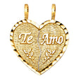 14K Yellow Gold Large Textured Te Amo Break-Apart Heart Pendant on White Background