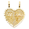 14K Yellow Gold Small Textured Te Amo Break-Apart Heart Pendant on White Background