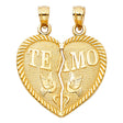 14K Yellow Gold Te Amo Doves Break-Apart Heart Pendant on White Background