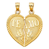 14K Yellow Gold Te Amo Doves Break-Apart Heart Pendant on White Background