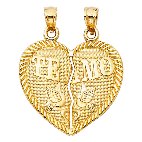 14K Yellow Gold Te Amo Doves Break-Apart Heart Pendant on White Background