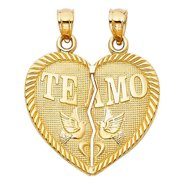 14K Yellow Gold Te Amo Doves Break-Apart Heart Pendant on White Background