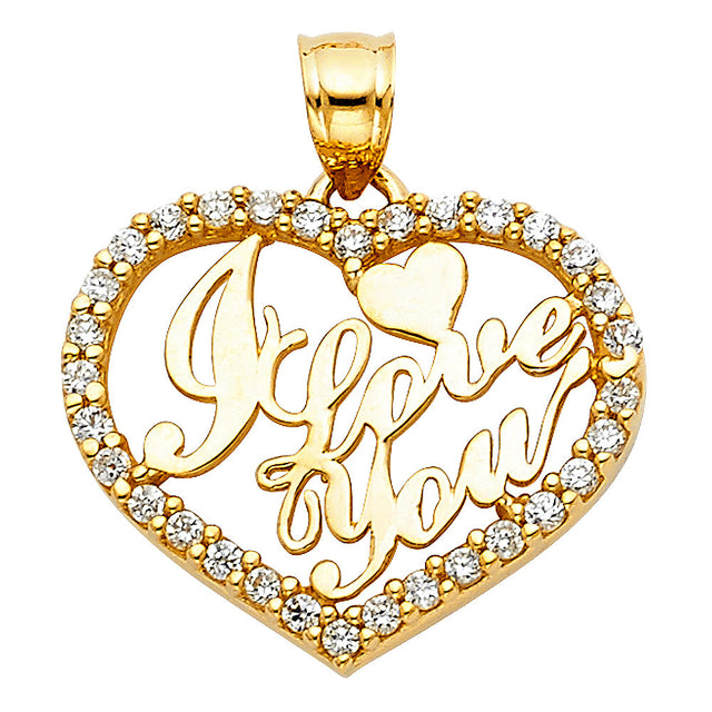 14K Yellow Gold "I Love You" Script CZ-Frame Heart Pendant