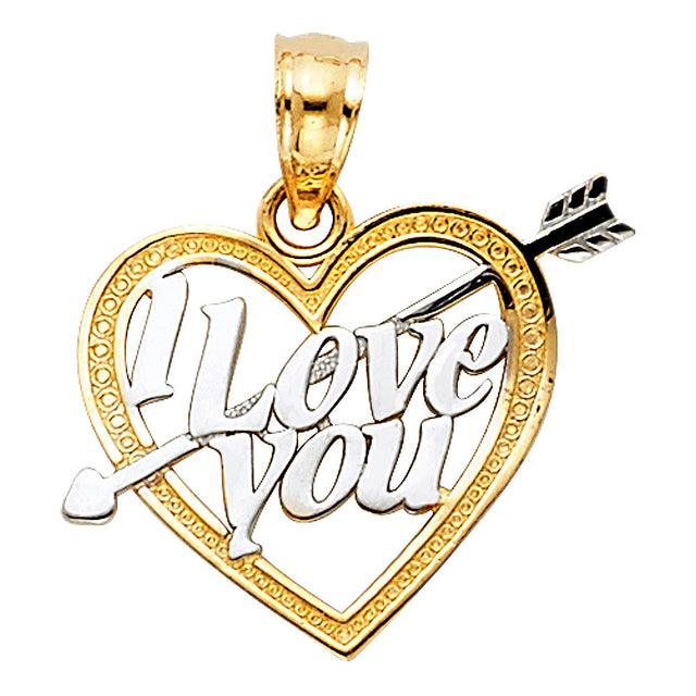 14K Two-Tone Gold "I Love You" Heart with Cupid Arrow Pendant