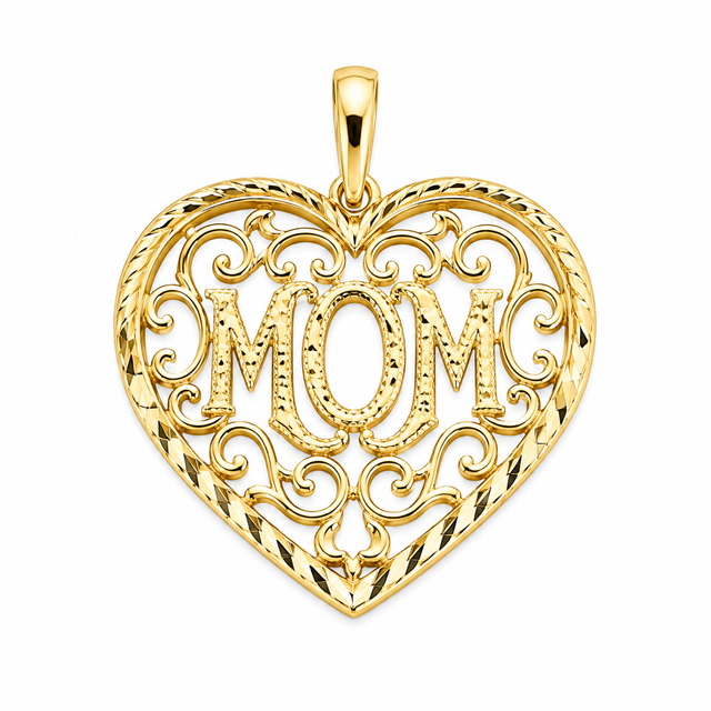 14K Yellow Gold Filigree Mom Heart Pendant