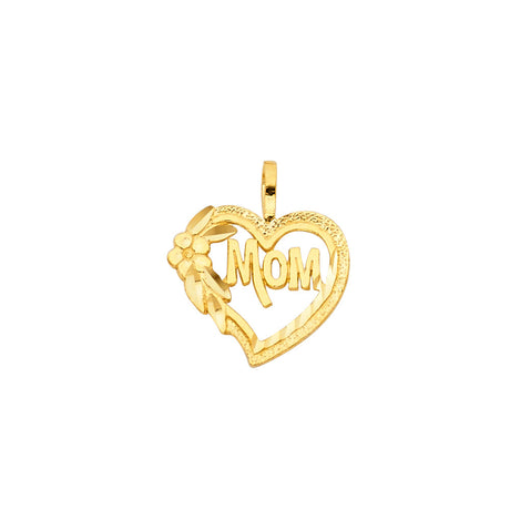 14K Yellow Gold Rose-Accent Mom Heart Pendant on White Background
