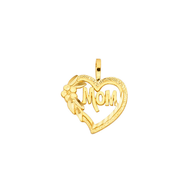 14K Yellow Gold Rose-Accent Mom Heart Pendant on White Background