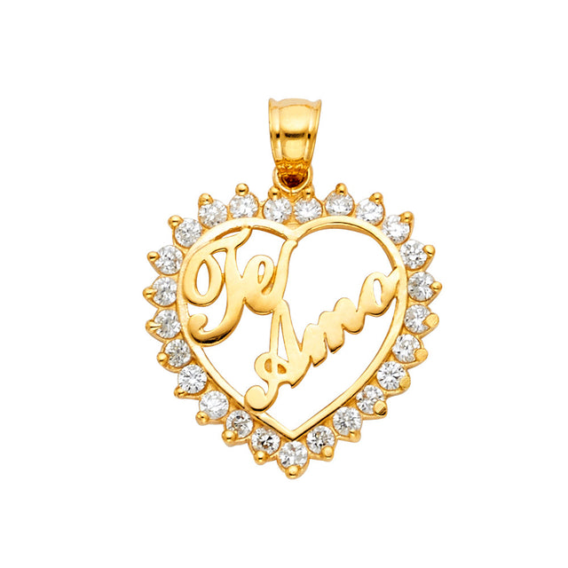 14K Yellow Gold Te Amo Heart Pendant on White Background