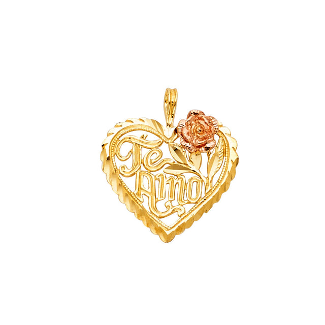 14K Two-Tone Gold Te Amo Heart Pendant on White Background