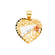 14K Tricolor Gold Openwork Floral Te Amo Heart Pendant on White Background