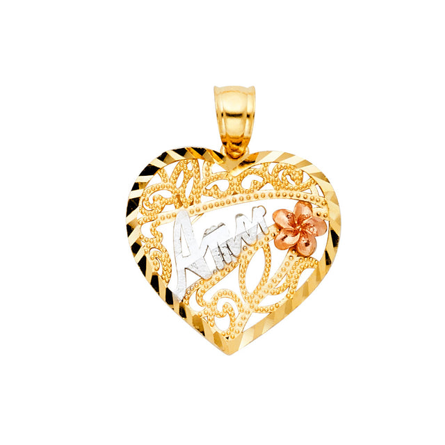 14K Tricolor Gold Openwork Floral Te Amo Heart Pendant on White Background