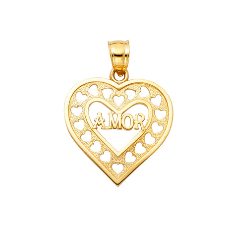 14K Yellow Gold Amor Heart Pendant on White Background
