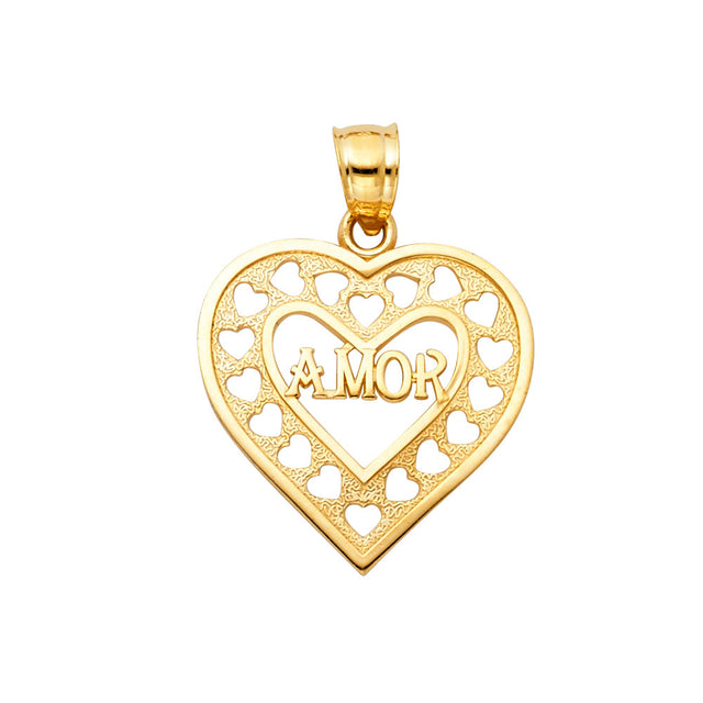 14K Yellow Gold Amor Heart Pendant on White Background