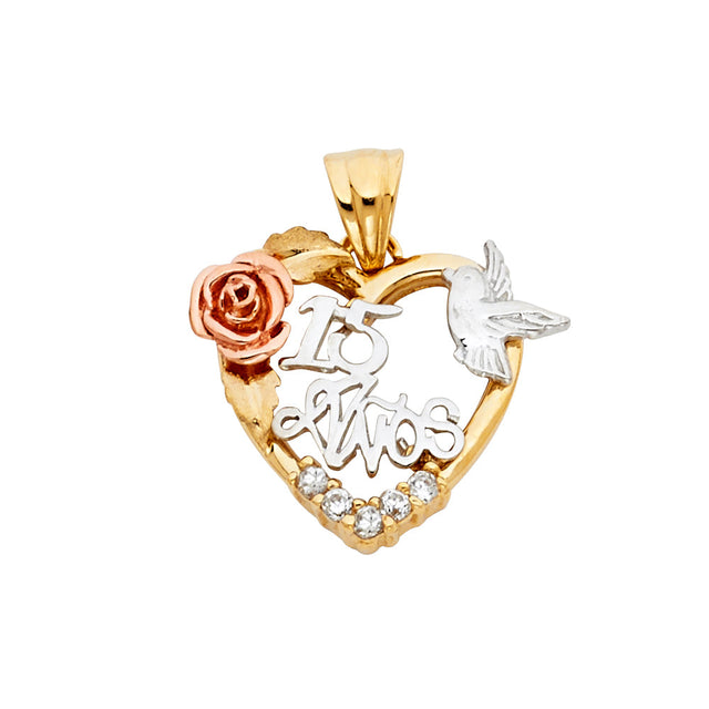 14K Tricolor Gold CZ 15 Years Heart Pendant