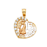 14K Tricolor Gold CZ 15 Years Heart Pendant