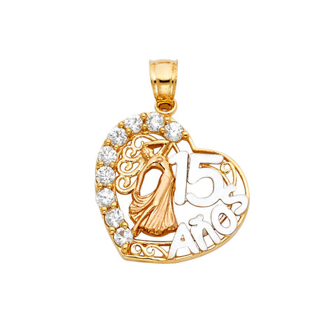 14K Tricolor Gold CZ 15 Years Heart Pendant