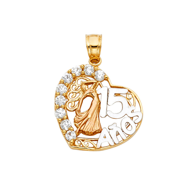 14K Tricolor Gold CZ 15 Years Heart Pendant