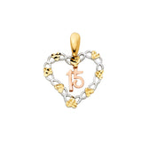 14K Tricolor Gold 15 Years Heart Pendant