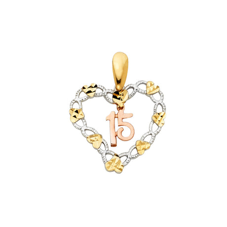 14K Tricolor Gold 15 Years Heart Pendant