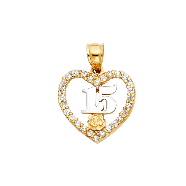 14K Two-Tone Gold CZ 15 Years Heart Pendant