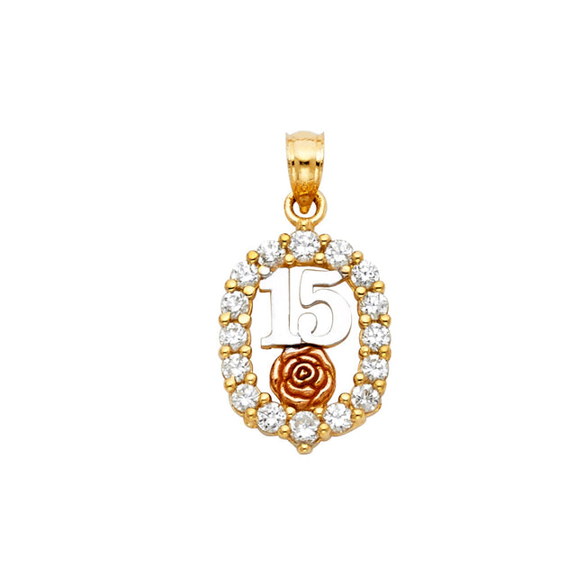 14K Tricolor Gold CZ 15 Years Pendant
