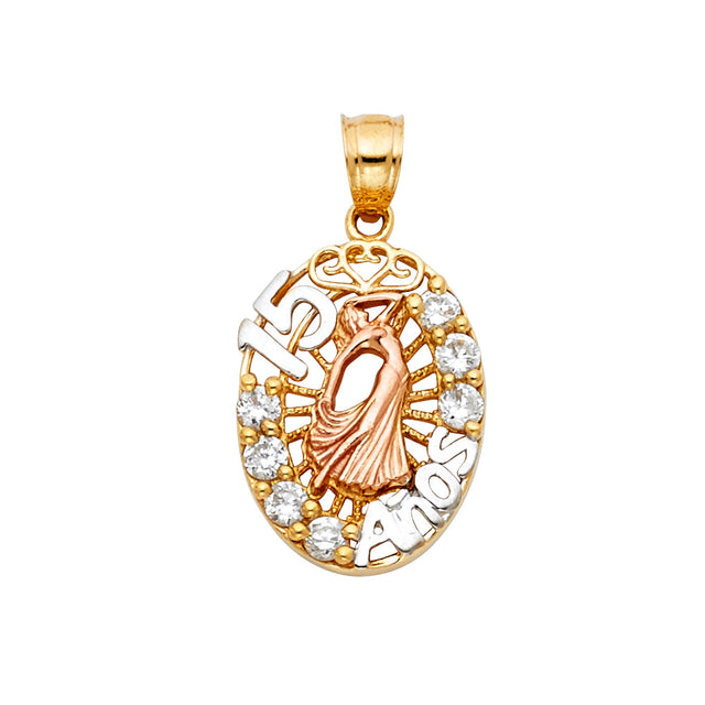 14K Tricolor Gold CZ 15 Years Pendant