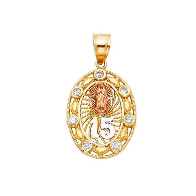 14K Tricolor Gold CZ 15 Years Pendant