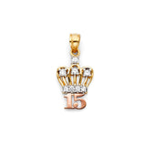 14K Tricolor Gold CZ 15 Years Crown Pendant
