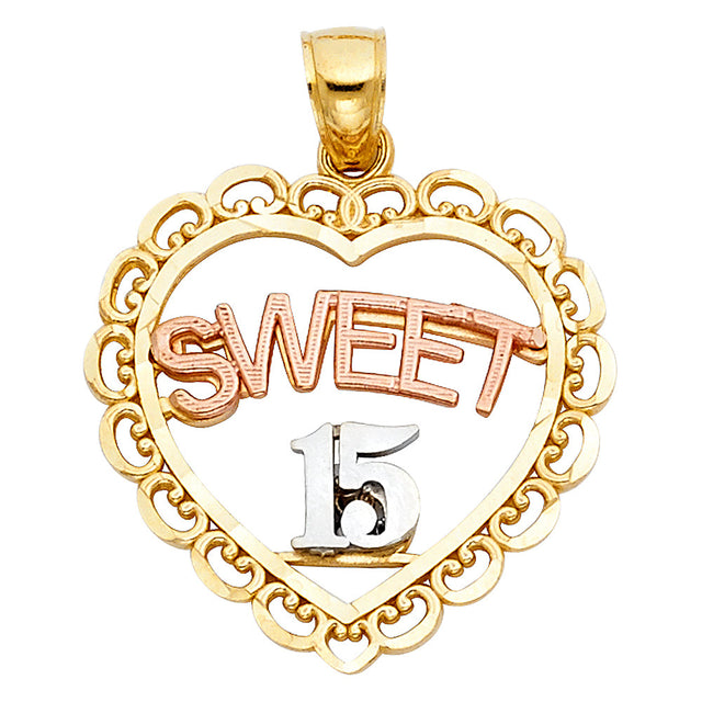 14K Tricolor Gold 15 Years Heart Pendant