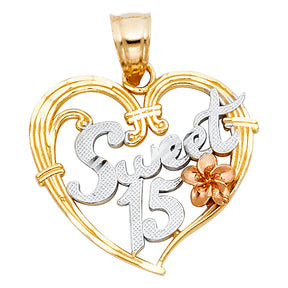 14K Tricolor Gold 15 Years Heart Pendant