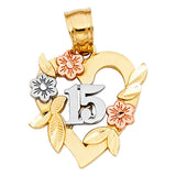 14K Tricolor Gold 15 Years Heart Pendant