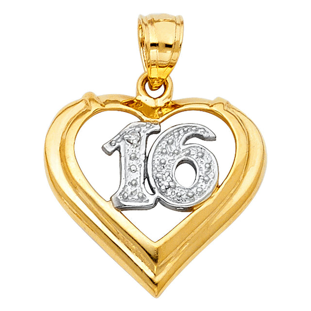 14K Two-Tone Gold Sweet 16 Heart Pendant on White Background