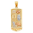 14K Tricolor Gold Lucky 13 Symbols Bar Pendant on White Background