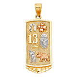 14K Tricolor Gold Lucky 13 Symbols Bar Pendant on White Background