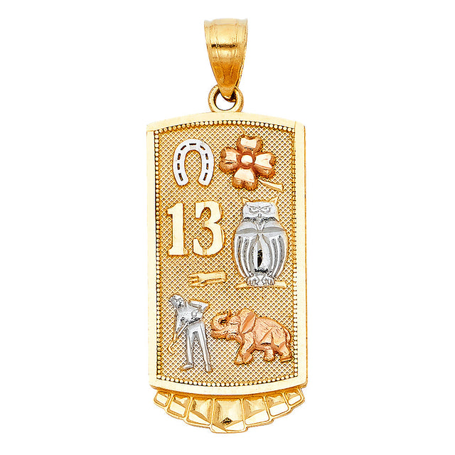 14K Tricolor Gold Lucky 13 Symbols Bar Pendant on White Background