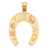 14K Tricolor Gold Lucky 13 Horseshoe Pendant on White Background