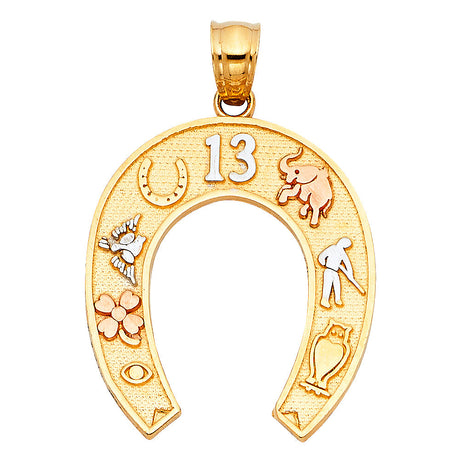 14K Tricolor Gold Lucky 13 Horseshoe Pendant on White Background