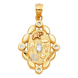 14K Tricolor Gold Good-Luck Symbols Oval Pendant on White Background