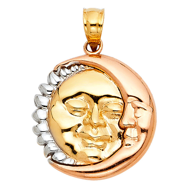 14K Tricolor Gold Triple Sun and Moon Face Pendant on White Background