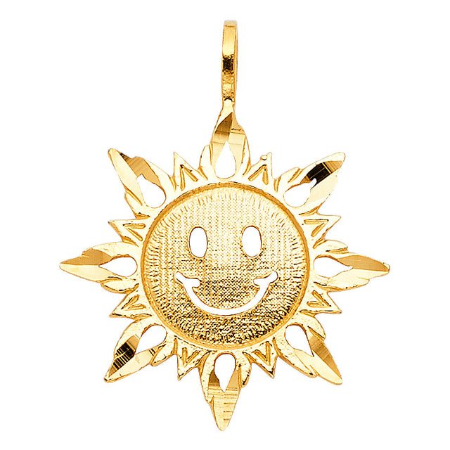 14K Yellow Gold Smiling Sun Pendant on White Background