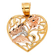 14K Tricolor Gold Butterfly and Rose Heart Pendant