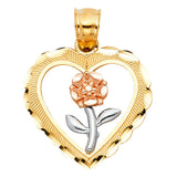 14K Tricolor Gold Heart with Rose Pendant on White Background