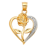 14K Two-Tone Gold Heart with Rose Pendant on White Background