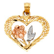 14K Tricolor Gold Rose Filigree Heart Pendant on White Background