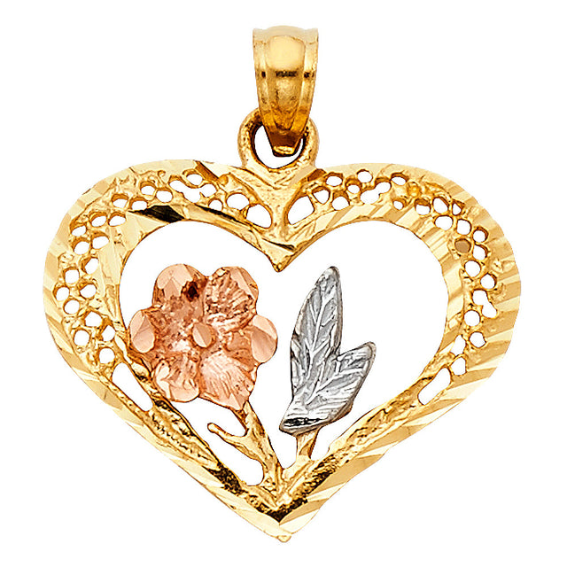 14K Tricolor Gold Rose Filigree Heart Pendant on White Background