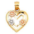 14K Tricolor Gold Heart with Flowers Pendant on White Background